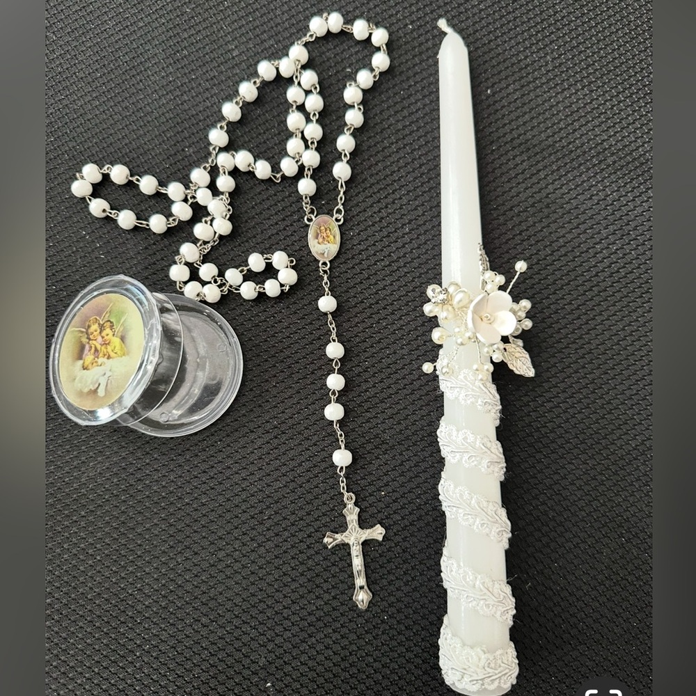 Elegant White Candle and Rosary Set